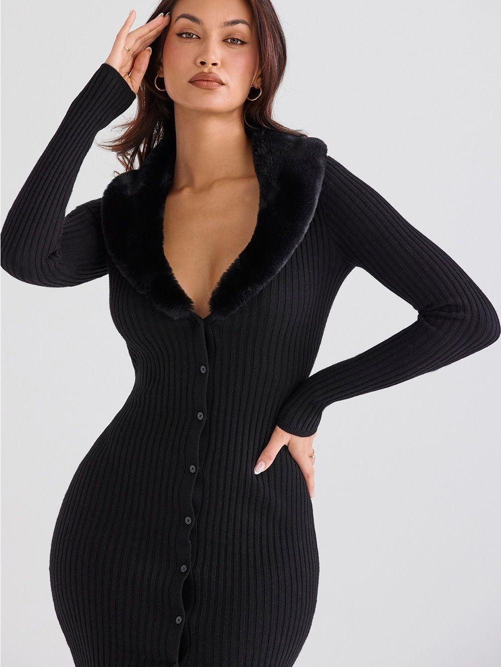 House of CB Black Faux Fur Trim Ribbed Bodycon Long Sleeve Dress Small DS3 - Picture 13 of 13